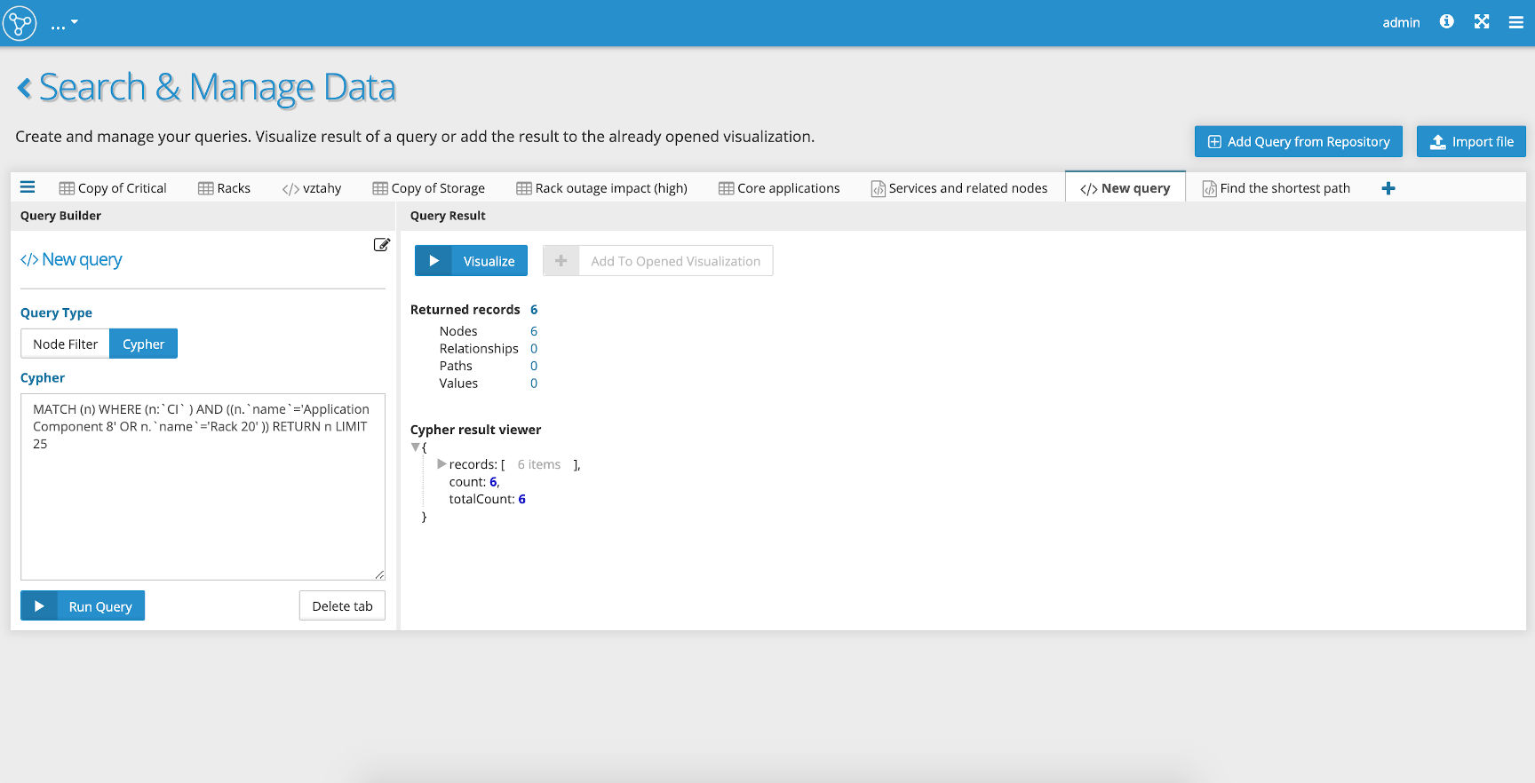 Run Query screen with query for Application_component8 and Rack20