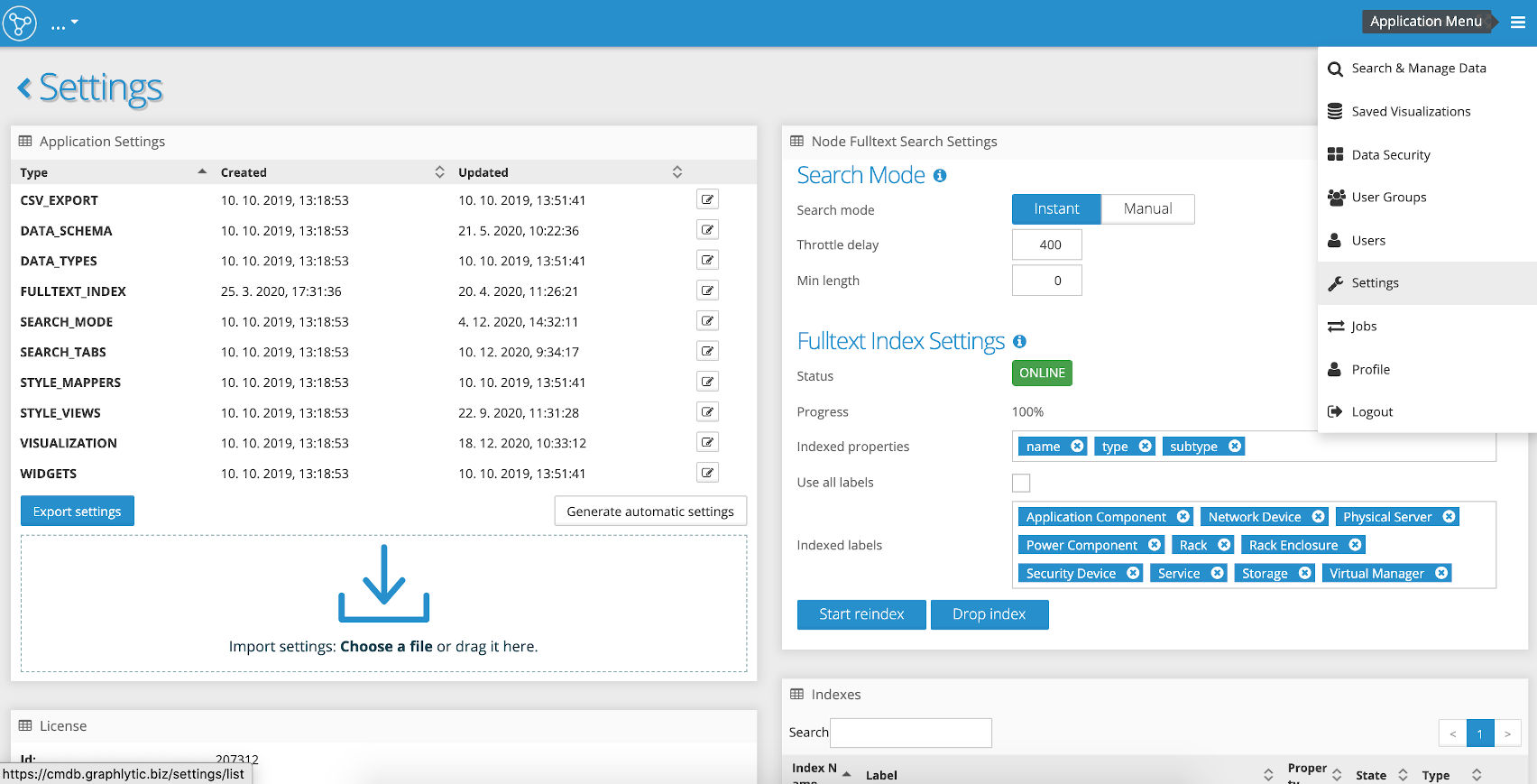 Graphlytic: Settings page in the Application menu